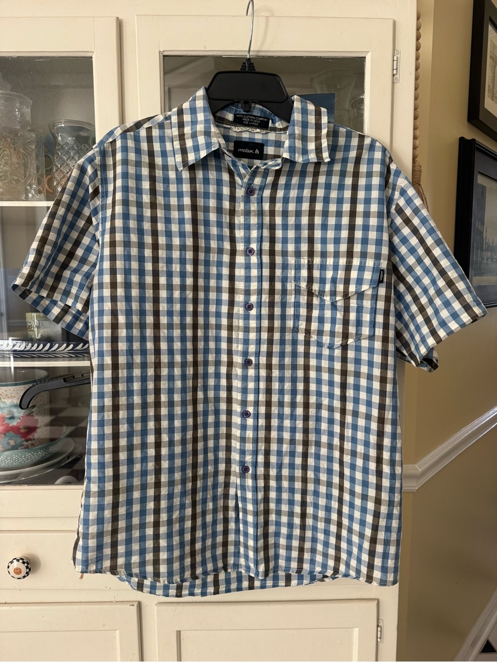 Matix Men’s Large Blue Brown Plaid Short Sleeve Button Up Shirt